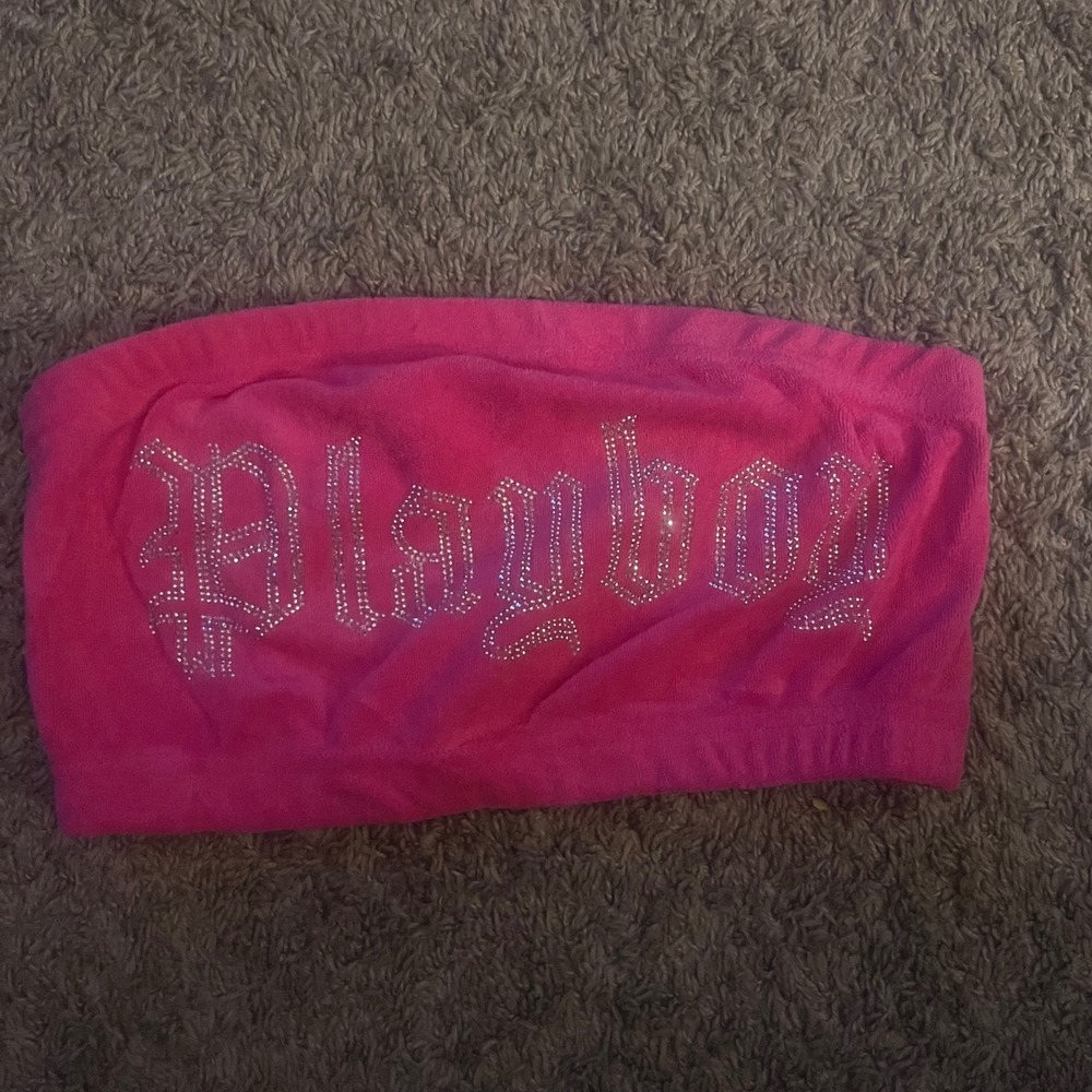 Playboy Pink Velour Rhinestone Logo Tube Top Bandeau Womens Size M Y2K Style
